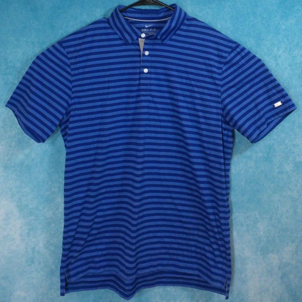 NIKE Dri Fit Men's Polo, Blue, Striped, Size Medium